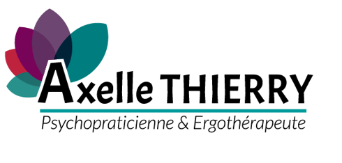 Image représentant le logo de l'entreprise : une fleur de lotus verte, rouge et violette entoure le A de Axelle THIERRY. En dessous, une barre verte, puis les mots psychopraticienne et ergothérapeute